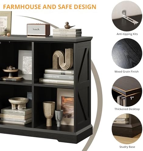 IRONCK 6 Cube Storage Organizer, Farmhouse Wood Bookshelf, Black