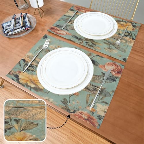 ALAZA Vintage Dragonfly Floral Set of 6 Placemats Rectangle Table Mat for Dining Table Restaurant Kitchen Home Decor, 12" x 18"