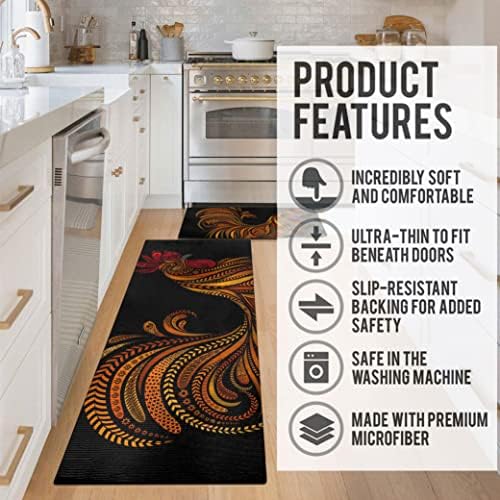 Rooster Kitchen Rugs and Mats for Floor 2 Piece Sets, Farmhouse Rooster Kitchen Rug, Black Chicken Kitchen Mat in Front of Sink for Standing for Country Kitchen Decor 17"X30"+17"X47"