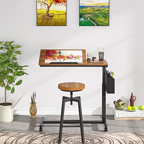 Tribesigns Height Adjustable C Shaped End Table with Wheels, Tilting Laptop Table with Side Pocket for Couch, Bed and Recliner, Walnut Brown