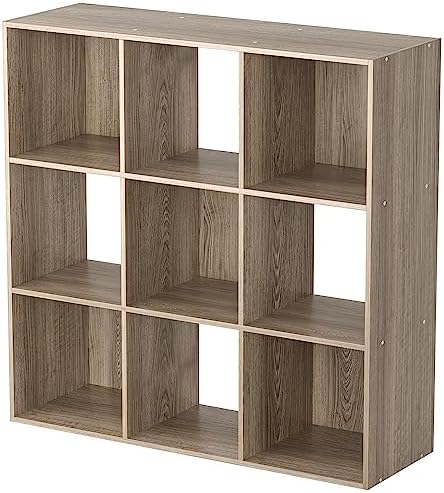 SUPER DEAL 9 Cube Open Shelf Bookcase, 3 x 3 Storage Organizer Shelf with 5 Removable Back Panels Wood Bookshelf System Display Rack for Home, Office, Bedroom, Living Room, Oak