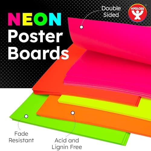 Hygloss Medium Poster Board 22x28 - 100 Assorted Neon Color Bulk Pack - 10 Pt. Thickness Colored Poster Board Paper for Projects, Signs, Displays - Posterboard Multipack 22" x 28"