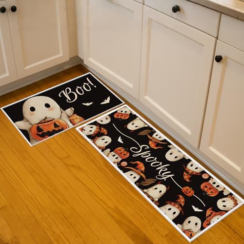 Halloween Kitchen Mats Set of 2, Boo Pumpkin Ghost Kitchen Rugs