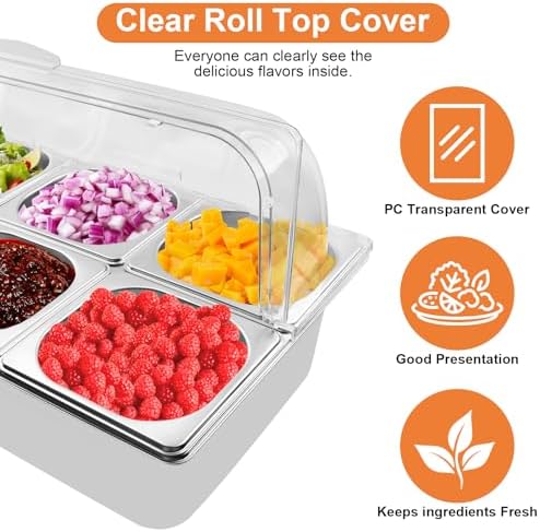 Countertop Food Serving Display Container with Clear Roll Top Cover, Catering Supplies Buffet Display, Perfect Salad Bar Buffet Station for Home and Catering Supplies, Cold Food Buffet Server(6 Pan)