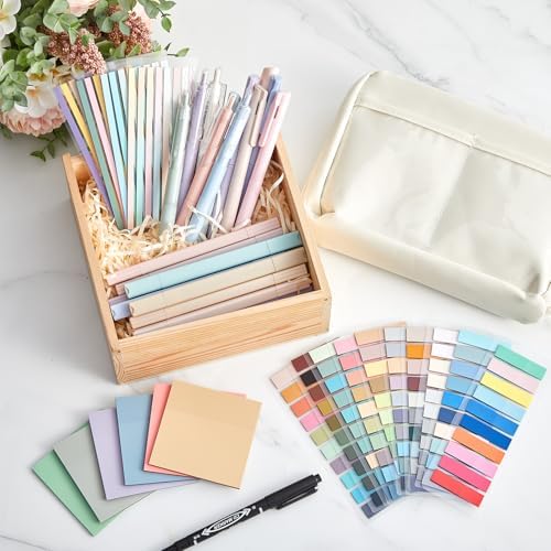 135 Pcs Book Annotation Kit Aesthetic Pencil Case Bag 12 Highlighter 11 Gel Pen 1 Marker 300 Sheet Transparent Sticky Notes Pad 2640 Index Stickers Bible Study Supplies(Kawaii,Beige)
