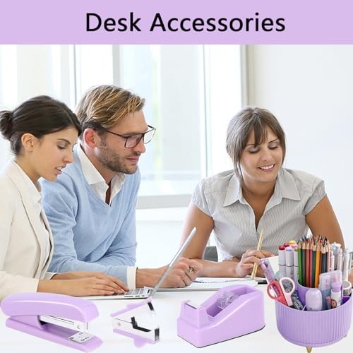 Office Supplies,Purple Desk Accessories,Office Supplies Set,Desk Organizer,Stapler,Tape Dispenser,Scissors,Staple Remover,Binder Clips,Staples,Ballpoint Pen,Index Tabs with Ruler,Clear Tape.10pcs