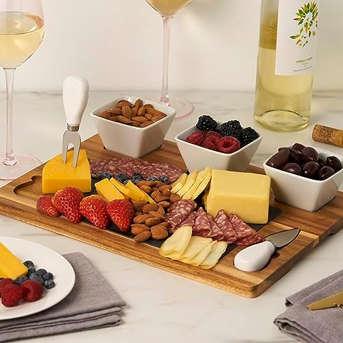 Twine Acacia & Slate Cheese Board Set - Charcuterie Board Bowls and Knives - Slate Cheese Tray Wood Cheese Board - 7-Piece Set of 1, Brown