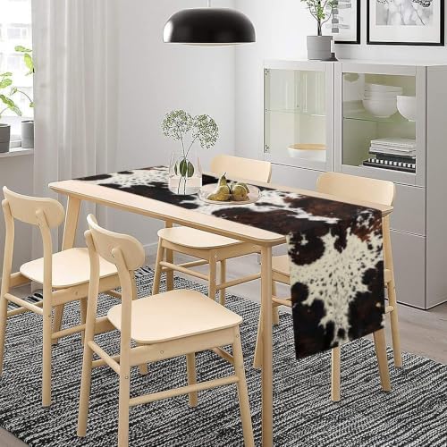 Cow Animal Skin Print Table Runner, Rustic Cottage Country Farm Animal Fur Skin Pattern Western Style Black Brown Cowhide Print Dinner Runner for Home Kitchen Dining Table Decoration 13"x108"