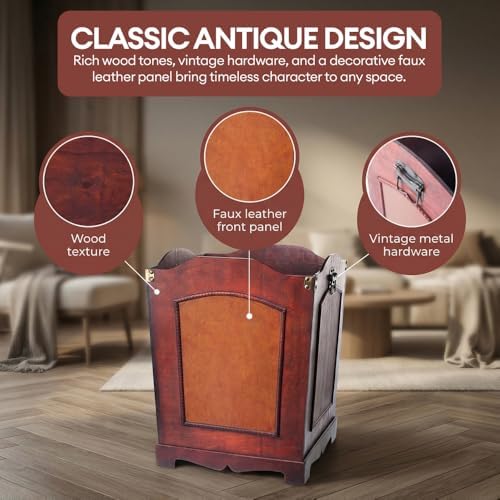 Vintiquewise Antique Wooden Wastebasket Trash Can with Handle – Decorative Solid Wood Trash Bin for Bathroom, Office, Bedroom or Living Room – Vintage Rustic Wooden Waste Can Organizer
