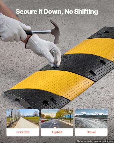 VEVOR 40 in Rubber Speed Bump, 2 Pack, 2 Channel Heavy Duty Traffic Speed Hump, 22000 lbs/Axle Load Capacity, Cable Protector Ramp with Expansion Screws, for Asphalt Concrete Gravel Driveway and Road