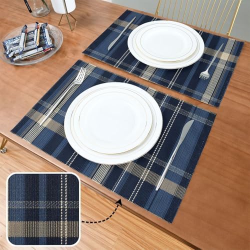 ALAZA Navy Plaid Tartan Pattern Set of 6 Placemats Rectangle Table Mat for Dining Table Restaurant Kitchen Home Decor, 12" x 18"