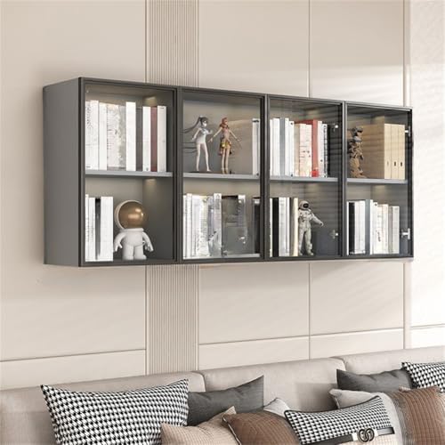 Wall Hanging Lateral Filing/Vertical Timber Wall Unit Transparent Glass Door Shelf Wall-Mounted Wood Bookcase Action Figure Model Storage Cabinet Display Case Grey 63" L x 10" W x 26" H