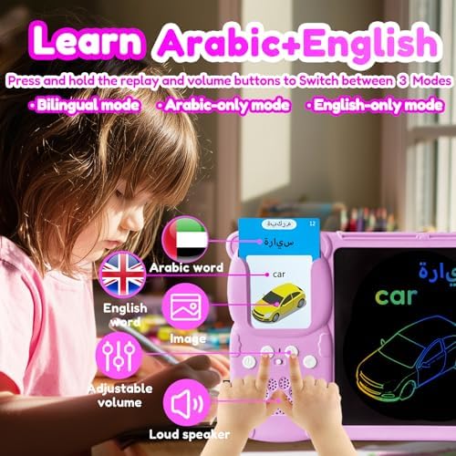 Writing Tablet with Bilingual Flash Cards for Kids, Arabic, Pink