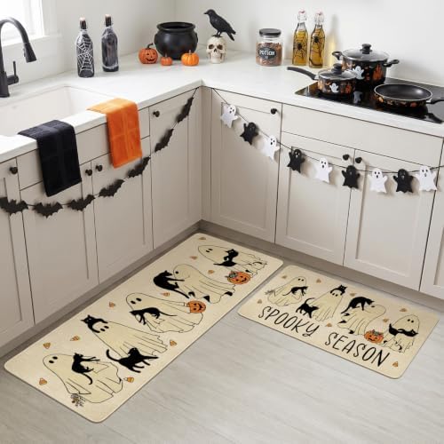 Ghost Black Cat Halloween Kitchen Rugs and Mats Set of 2, (17"x47"+17"x30") Gothic Cute Spooky Season Pumpkin Trick Or Treat Non Skid Washable Runner Rugs for Home Decor Decorations and Accessories