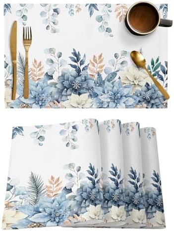 Blue Christmas Poinsettia Placemats Set of 4, Winter Eucalyptus Leaves Heat Resistant Washable Table Place Mats Cotton Table Linens Party Holiday Decor for Kitchen Dining Outdoor Indoor