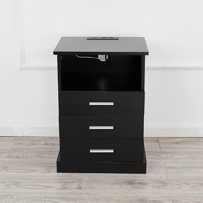 Halitaa Black LED Nightstand with Charging Station, Side Table with 3 Drawers and Light, End Table with Open Storage, Beside Cabinet for Bedroom (Black)