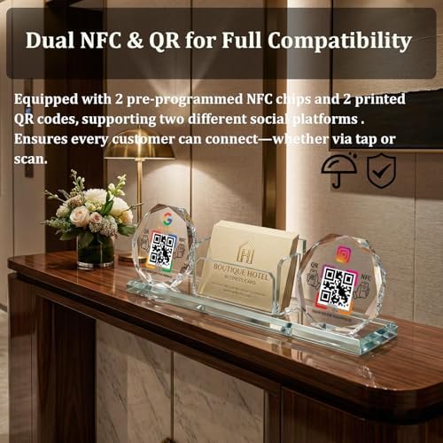 Dual Social Media Crystal Stand with Built-In Business Card Holder & NFC/QR Tech - No App Needed, One-Time Purchase, Lifetime Promotional Desktop Decor for Business (Display GG+ins)