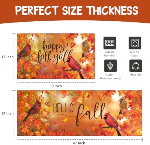Cardinal Maple Leaves Fall Kitchen Rugs and Mats Set of 2, (17"x47"+17"x30") Thanksgiving Autumn Harvest Farmhouse Non Skid Washable Runner Rug for Home Decor Decorations and Accessories