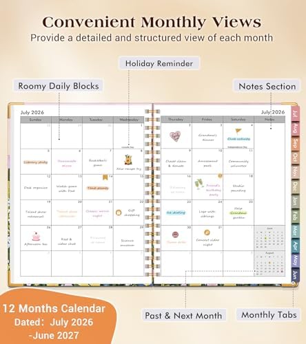 Academic Planner 2026-2027, Hardcover Weekly and Monthly Calendar Planner from July 2026 - June 2027, 6.1" x 8.2" A5 Daily Agenda with Tabs, College School Organizer for Student Teacher, Wildflower Mountainside
