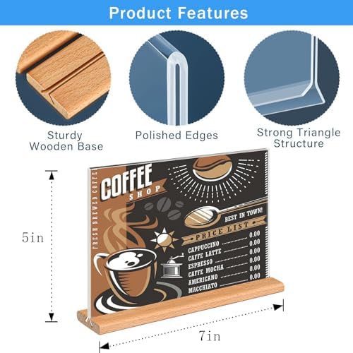 Kersally Acrylic Sign Holder 7 x 5'',6 Pack Double-Sided Clear Table Display Stands with Wood Base,Horizontal Acrylic Frame Menu Flyer Paper Holder for Store, Restaurant, Hotel, Office, Show Fair