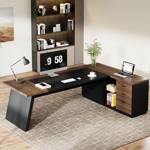 Tribesigns 78" L-Shaped Executive Desk, Large Office Desk with Drawers and File Cabinet, Modern Business Furniture for Home Office (Light Walnut + Black)