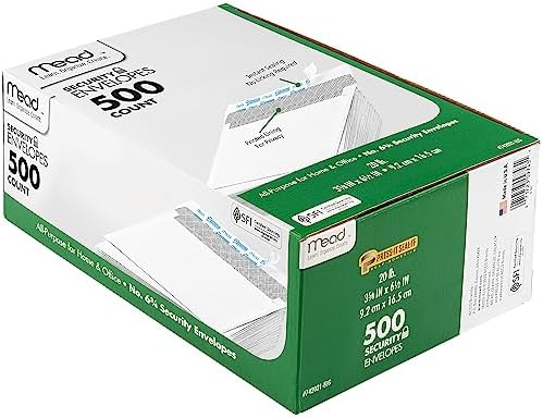 Mead #6-3/4 Envelopes, 3-5/8" x 6-1/2", Security Printed Lining for Privacy, Press-It Seal-It Self Adhesive Closure, White All-Purpose 20-lb Paper Mailing Envelopes, 500 Count (742021)