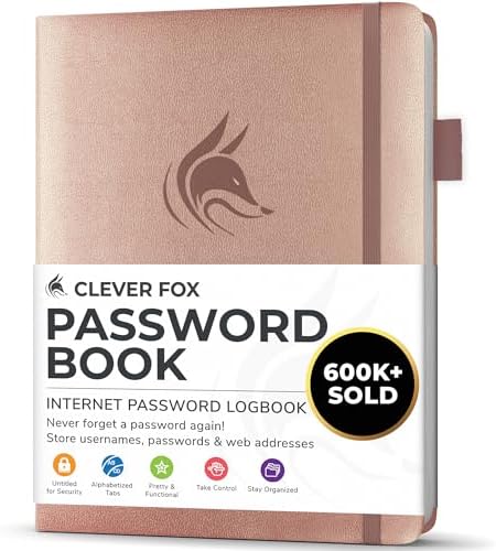Clever Fox Password Book with Alphabetical Tabs, 4"x5.5" Keeper Rose Gold