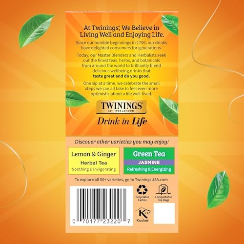 Twinings Peach & Orange Herbal Tea Individually Wrapped Bags, 20 Count (Pack of 6), Juicy & Fruity, Naturally Caffeine-Free, Enjoy Hot or Iced, 120 Teabags