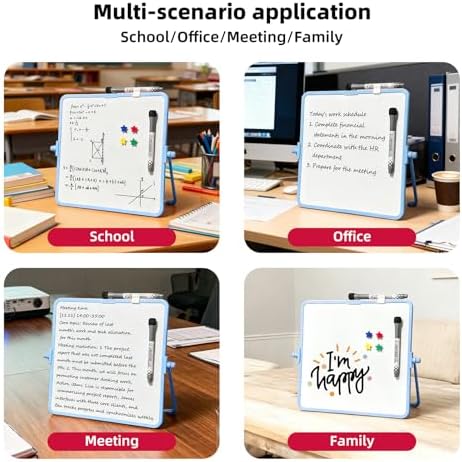 Colorful Dry Erase White Board 9.7x9.7in, Magnetic Desktop Board with Stand, 2 Markers (Eraser Head), 4 Magnets - Double-Sided Easel for Daily Planning, Memo, Office/Home/School (Blue)