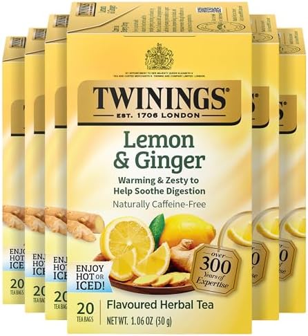 Twinings Lemon & Ginger Herbal Tea Individually Wrapped Bags, 20 Count (Pack of 6), Tangy Lemon, Spicy Ginger, Naturally Caffeine-Free, Enjoy Hot or Iced, 120 Teabags