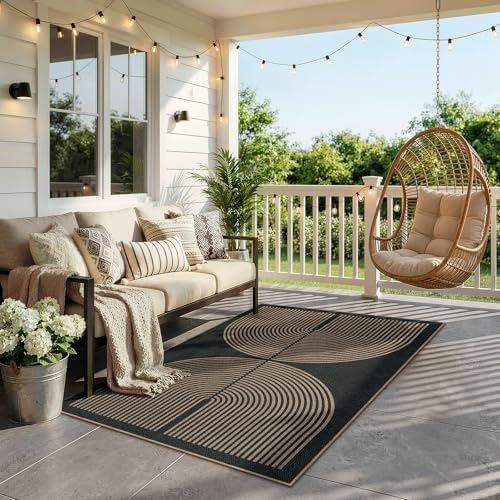 Lahome Modern Rainbow Easy Jute Outdoor Patio Rug, 3x5 Black Office Rug