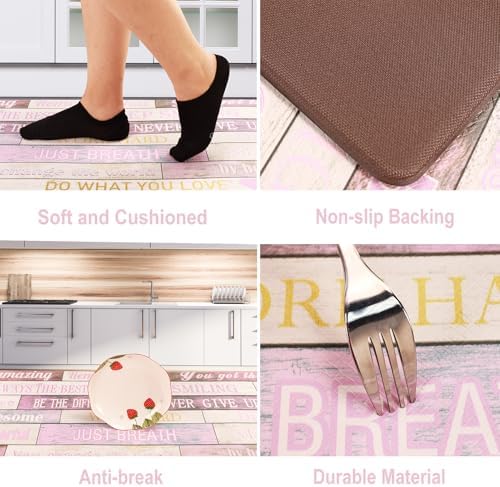 Inspirational Positive Quotes Kitchen Mats for Floor Pink Anti Fatigue Mats for Kitchen Floor Cushioned Waterproof Pink Kitchen Decor Set