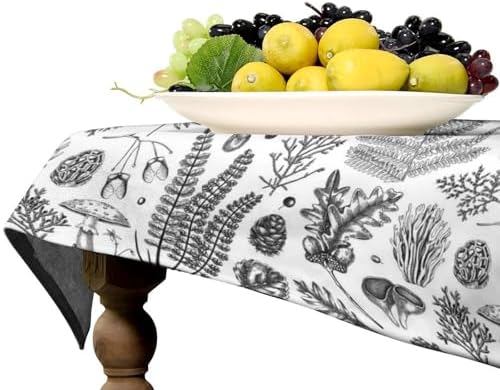 Vintage Mushroom Tablecloth, Black White Nature Forest Fern Leaves Autumn Plants Botanical Print Table Cover for Home Dining Decor Kitchen Party Outdoor 60x90in
