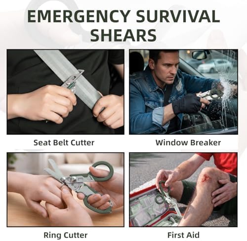 Heavy Duty 6 in 1 Multifunctional Trauma Shears Foldable | Stainless Steel emergency response scissors | Survival Shears with Holster | Medical Trauma shears Tactical With Strap Cutter | Green