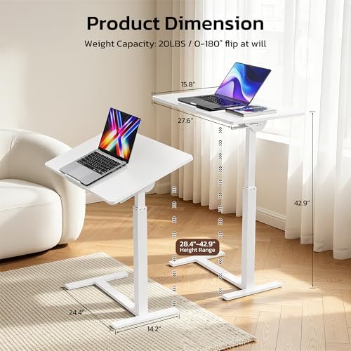 Mobile Standing Desk Adjustable Overbed Table, Pneumatic Height Adjustable Rolling Laptop Desk with Hidden Wheels, 0-180°Tilt Top Rolling Computer Cart Foldable for Home Office, Craft & Study, White