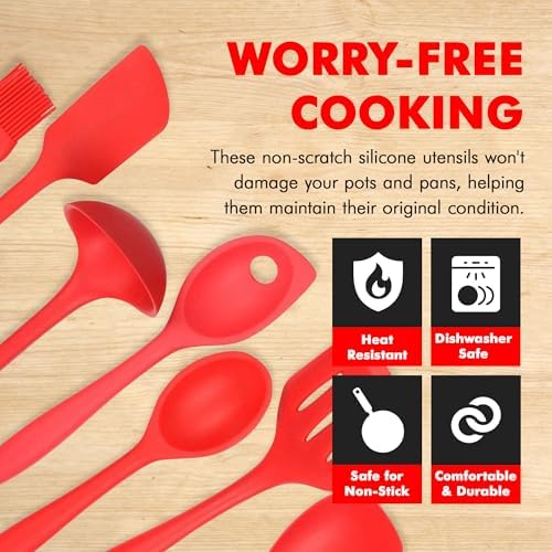 Chef Craft 42077 7 Piece Silicone Kitchen Tool and Utensil Set, Red
