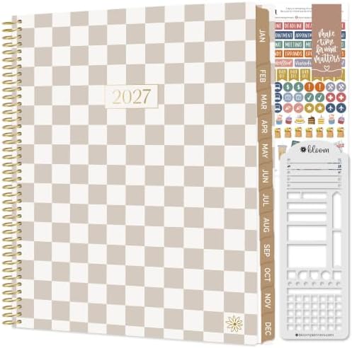 bloom daily planners 2027 Planner for Women (8.5" x 11") - Weekly & Monthly Calendar Year (January to December) Softcover Agenda Book Organizer with Stickers & Stencil - Checkered, Café