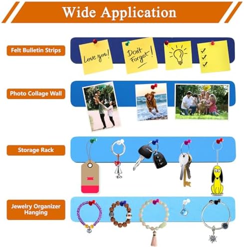 8Pcs Rectangle Felt Cork Board Bar Strips with 35 Pushpins, Self-Adhesive Bulletin Board Strips for Office School Home Wall Decor Stickers Memos Schedules Photos Display -Gradual Blue