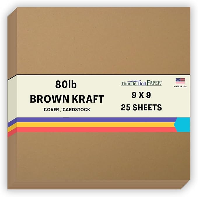 25 Brown Kraft Fiber 80# Cover Paper Sheets - 9" X 9" (9X9 Inches) Scrapbook Album Cover Square Size - Rich Earthy Color with Natural Fibers - 80lb/Pound Cardstock - Smooth Finish