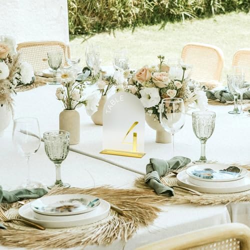 Frosted Arch Wedding Table Numbers 1-20, Gold Numbers and Stands