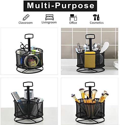 Marbrasse Mesh Desk Organizer, 360-Degree Rotating Multi-Functional Pen Holder, 4 Compartments Desktop Stationary Organizer, Home Office Art Supply Storage Box Caddy (Black)