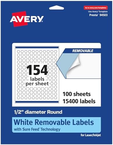 Avery Matte White Removable Round Labels, Sure Feed Technology, Print-to-The-Edge, 0.5" Diameter, 15,400 Removable Labels, Laser/Inkjet Printable