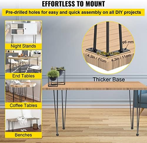 VEVOR Hairpin Table Legs 18" Black Set of 4 Desk Legs 880lbs Total Load Capacity Hairpin Desk Legs 3 Rods for Bench Desk Dining End Table Chairs Carbon Steel DIY Heavy Duty Furniture Legs