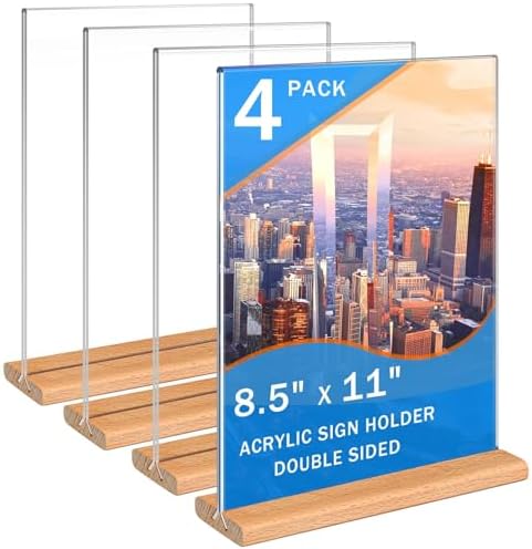 Kersally Acrylic Sign Holder 8.5 x 11, 4 Pack Double-Sided Clear Vertical Table Display Stands with Wood Base,Acrylic Frame Menu Flyer Paper Holder for Stores, Restaurants, Hotels, Office, Show Fair