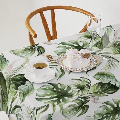 Green Tropical Leaves Tablecloth, Watercolor Jungle Plam Leaves Floral Botanical Print Farmhouse Holiday Tablecloths for Home Kitchen Party Dinner Decor 55x55in
