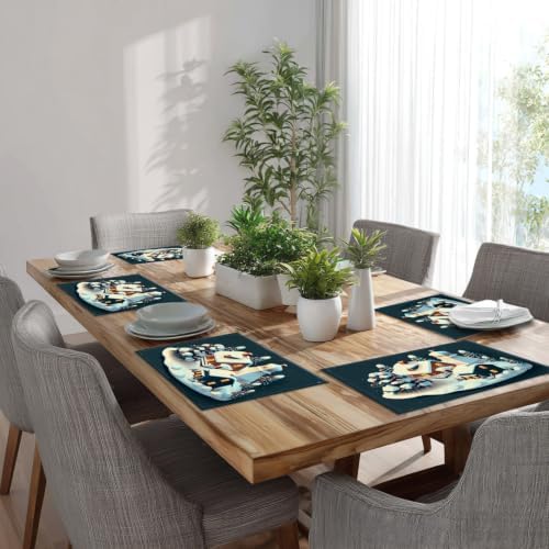 Batmerry Christmas Houses Linen Placemats Set of 6, Holiday Building Covered Snow Spruce Washable Table Mats for Kitchen Table Thickened Heat Insulation Dining Set Indoor Outdoor 12X18 in