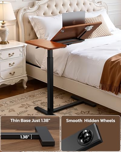 Simple Deluxe Standing Rolling Desk with Hidden Casters, Height Adjustable Pneumatic Mobile Laptop Desk, Tilting Bedside Table for Laptop, Overbed Bedside Table Hospital Home Use, Brown