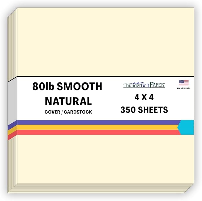 350 Natural Smooth Card Stock Sheets Paper - 4 X 4 Inches Small Square Card Size - 80# (80 lb/pound) Cover Weight - Quality Paper - Smooth Finish