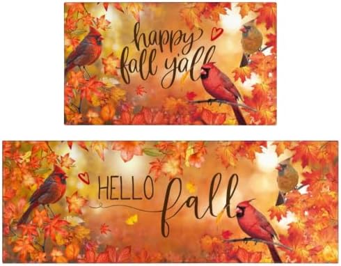 Cardinal Maple Leaves Fall Kitchen Rugs and Mats Set of 2, (17"x47"+17"x30") Thanksgiving Autumn Harvest Farmhouse Non Skid Washable Runner Rug for Home Decor Decorations and Accessories