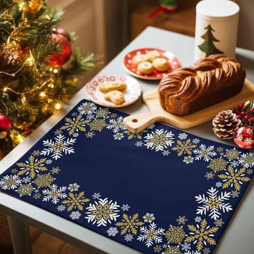 Gold White Snowflakes Christmas Placemat 1PC, Winter Xmas Holiday Heat Resistant Washable Table Place Mats Navy Blue Cotton Table Linens Party Holiday Decor for Kitchen Dining Outdoor Indoor